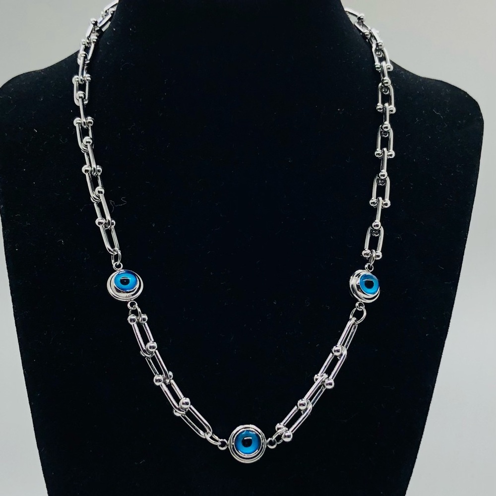 U Shape Link Necklace with Evil Eye Beads Stainless Steel